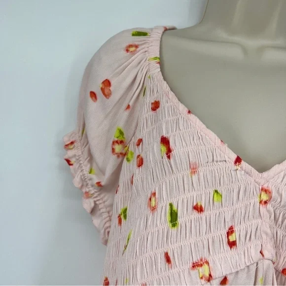 BP. Babydoll Shirred Pink Floral Smocked Short Sleeve Peplum Crop Top Multicolor - Picture 3 of 13